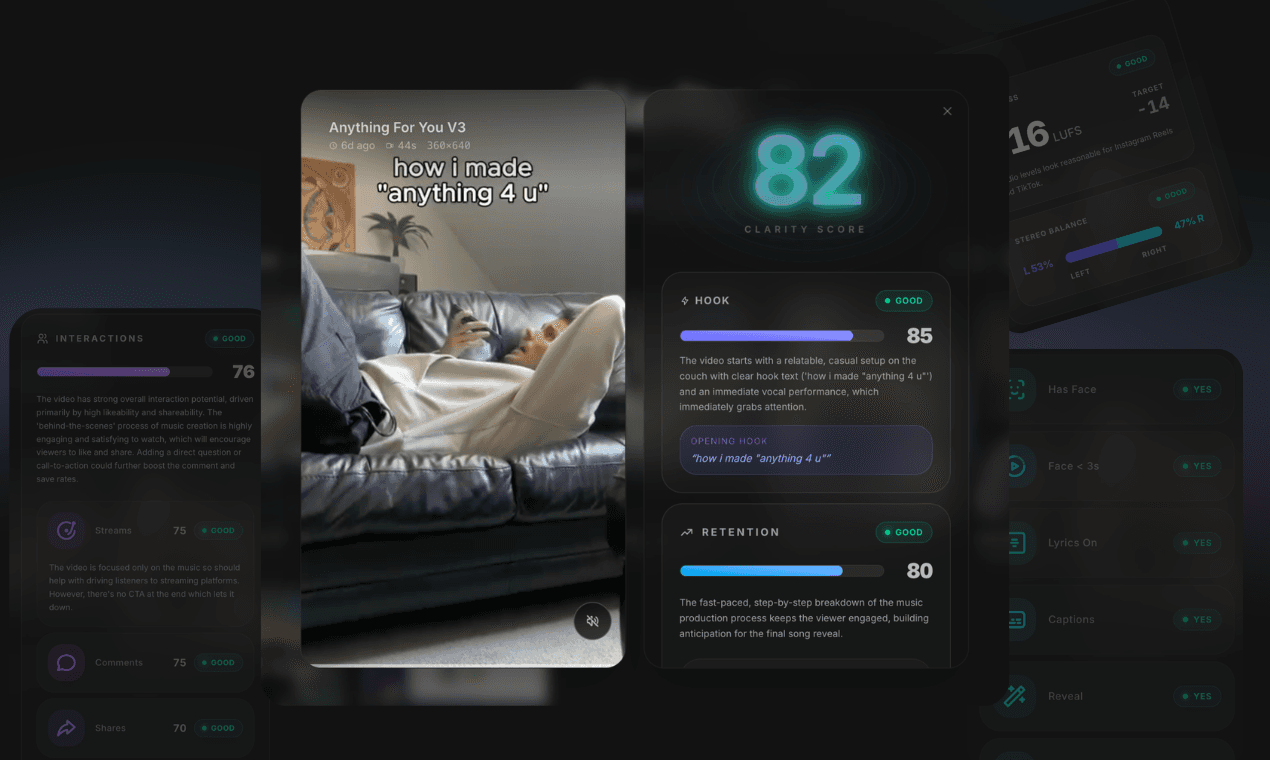 The Clarity video analysis screen showing a musician's short-form video scored with free improvement recommendations