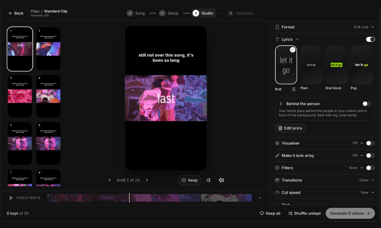 The Clips Studio with 20 lyric video drafts, a live preview and lyric, visualiser, filter and transition settings