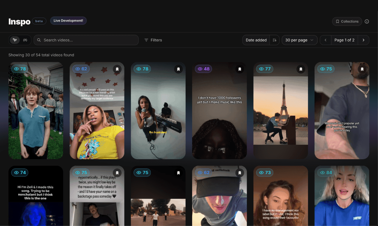 The Inspo grid of real musician videos, each with its Clarity score, search, filters and collections