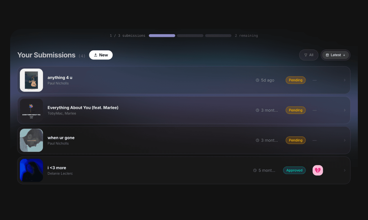 The MusicMinutes Submit screen, where artists send a song to genre-matched playlists in one click